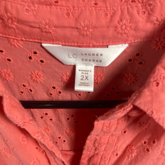 LC women top 2x eyelet lace cottagecore boho spring feminine floral coral pink - Picture 2 of 7